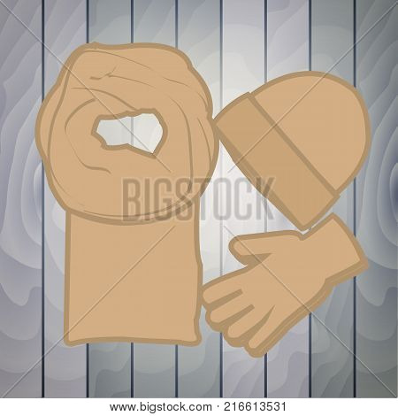 illustration of a beige women s scarf gloves cap on a wooden texture