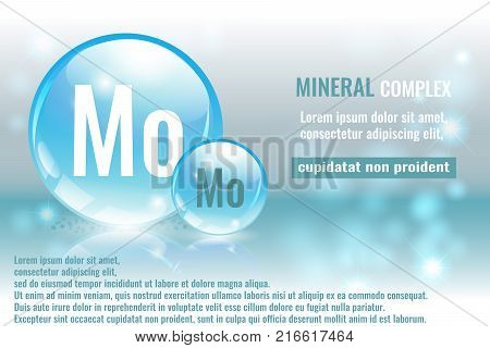 Mineral mo Molybdaenum complex with chemical element symbol. Pharmaceutic medical background with space for text.