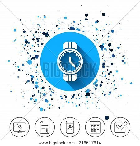 Button on circles background. Wrist Watch sign icon. Mechanical clock symbol. Men hand watch. Calendar line icon. And more line signs. Random circles. Editable stroke. Vector