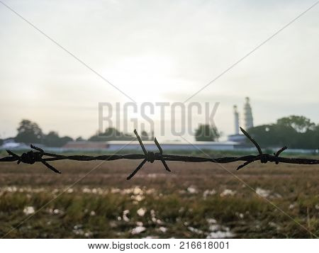 Barbed wire closeup over brown fields and sunrise.