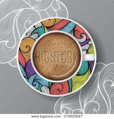 White mug of coffee with saucer coffee foam and bubbles. Top view realistic vector. Seamless pattern with colorful doodle water or wind waves on saucer is complete under clipping mask