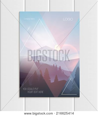 Stock vector brochure A4 or A5 format design business template with abstract triangles and mountain landscape at sunset, dawn background for ecology printed material, element corporate style cover