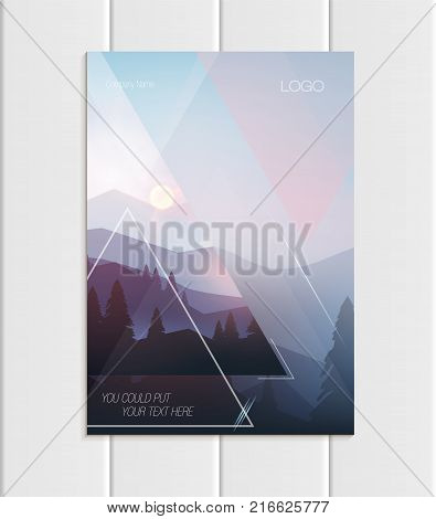 Stock vector brochure A4 or A5 format design business template with abstract triangles and mountain landscape at sunset, dawn background for ecology printed material, element corporate style cover