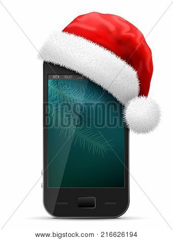 Smartphone in red Santa Claus hat. Christmas hat is put on mobile phone. Best vector illustration for christmas smartphone new years day mobile technology winter holiday communication