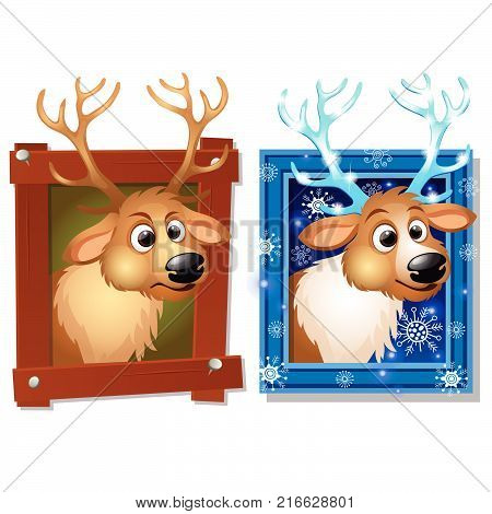 Wall-mounted picture in a wooden frame with deer isolated on a white background. Sketch of Christmas festive poster, party invitation, other holiday card. Vector cartoon close-up illustration.