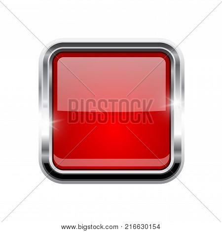 Red shiny square button with chrome frame. Glass web icon. Vector 3d illustration isolated on white background