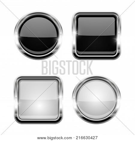 White and black shiny buttons. Round and square glass web icons with chrome frame. Vector 3d illustration isolated on white background