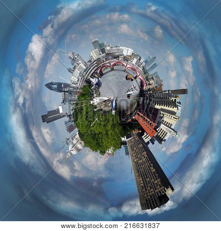 Tiny Planet Panorama of London Skyline from the Embankment.