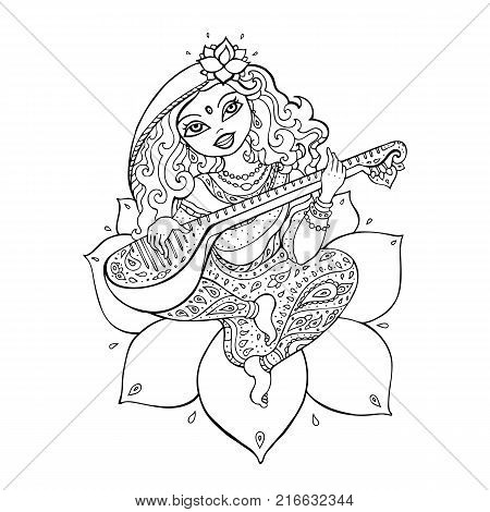 Hindu Goddess Saraswati. Vector hand drawn illustration.