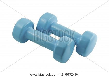 pair of light blue dumbbells for fitness isolated
