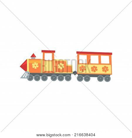 Mini train locomotive from funfair carnival. Amusement park icon. Cartoon entertainment element. Children attraction. Isolated flat design vector illustration for advertising poster or flyer.
