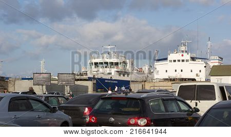 RUSSIA,PORT-KAVKAZ -  JUNE 12, 2014: Car ferry service between Krasnodar region and the Crimea