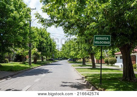 Street in residential area with road sign in Spanish meaning 'Slow down'