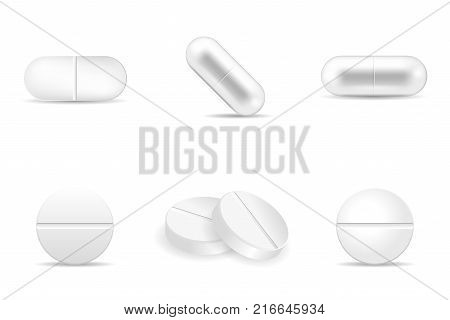 Set of realistic pills in any shapes and forms. Collection of oval, round and capsule shaped tablets. Medicine and drugs vector illustration.
