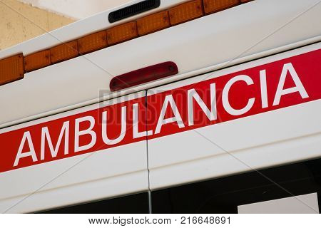 Tenerife Spain - November 2017: Closeup of ambulance car description (spanish: Ambulancia ).
