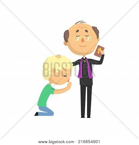 Priest character blessing praying man, catholic preacher, holy father cartoon vector illustration isolated on a white background
