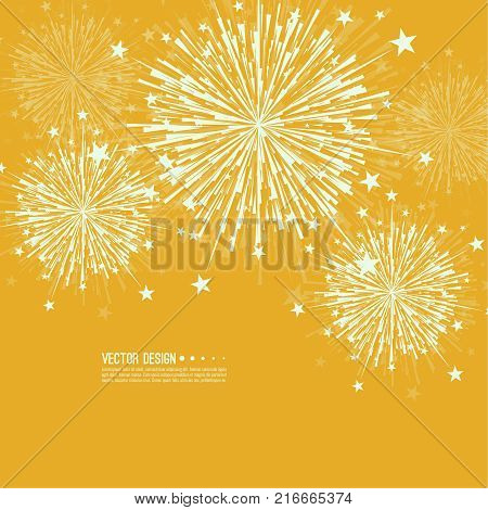 Vector firework design on white background with scattered stars and sparkles. Bright festive decoration.