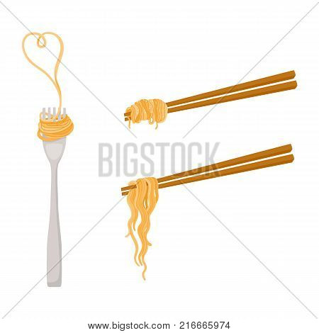 vector flat bamboo sticks and fork with asian noodles wok udon set. Doodle noodle icon for restaurant menu design. Isolated illustration on a white background.