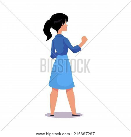 Woman, girl standing in boxing, fighting position, clenching fists, ready to fight, cartoon vector illustration isolated on white background. Rear view of girl, woman ready to fight, facing a threat