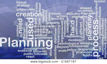 Word cloud concept illustration of planning process international