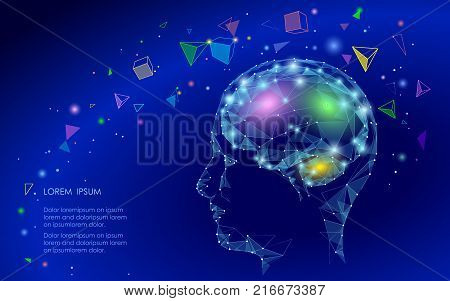 Low poly abstract brain virtual reality concept. Geometric polygonal triangle linear mind imagination dream modern vector illustration active thinking process. Human extra mental intelligence