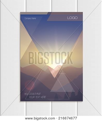 Stock vector brochure A4 or A5 format design business template with abstract triangles and mountain landscape at sunset, dawn background for ecology printed material, element corporate style cover