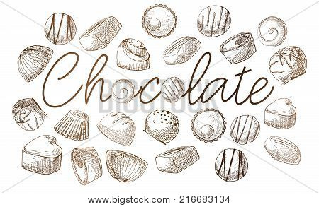 The poster with the inscription lollipop. Hand drawn different sweets. Vector illustration of a sketch style.