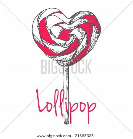 The poster with the inscription lollipop. Hand drawn different sweets. Vector illustration of a sketch style.