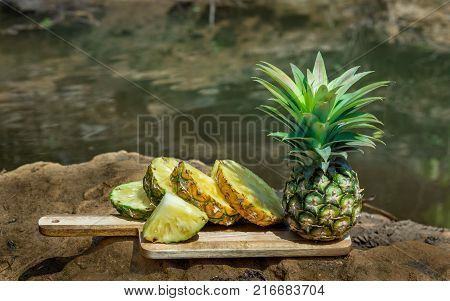 Pineapple juice waterfallcopy space.Pineapple slices put on a cutting board outside the premises.
