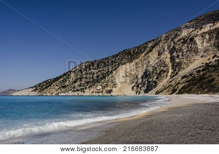 myrtos beach kefalonia the force of the waves turns into dust the calcareous and marble stones that fall from the mountain which turns into a fascinating turquoise color