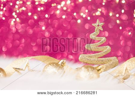 Christmas Tree - Golden Glitter sparkling In The Red Background