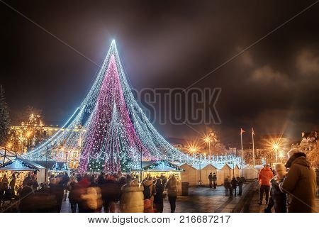 Vilnius, Lithuania: Christmas tree and decorations in Cathedral Square, night view