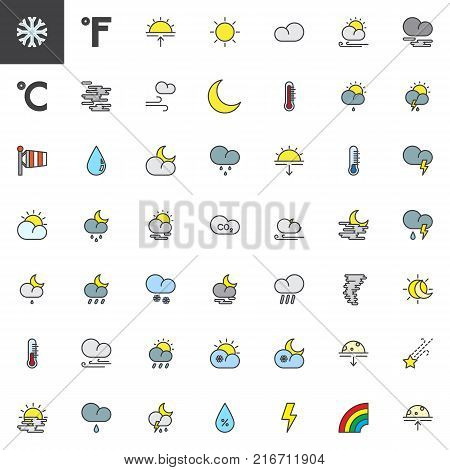 Meteorology weather and forecast universal filled outline icons set, line vector symbol collection, linear colorful pictogram pack. Signs, logo illustration, Set includes icons as cloud, moon, snow