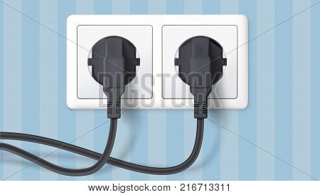 Two black plug inserted in a wall socket on backdrop of wall with wallpaper with stripes. The plug is plugged into the power lines with electric cord. Icon of connecting electrical appliances.
