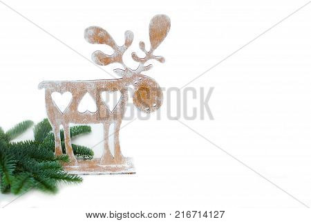 Cristmas Wooden Reinder Fir Branches on White