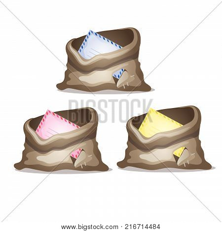 A set of holey canvas bags with colored envelopes isolated on a white background. Sketch of Christmas festive poster, party invitation, other holiday card. Vector cartoon close-up illustration.