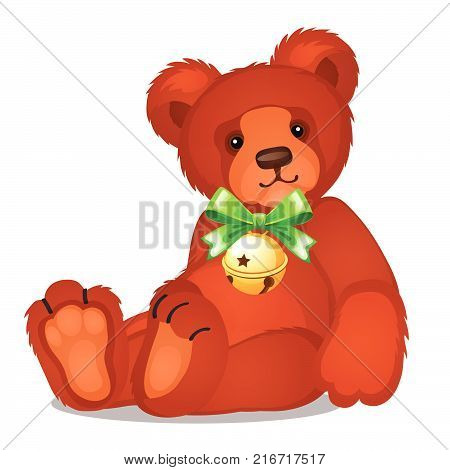 Soft toy teddy bear with jingle bells with green ribbon bow isolated on white background. Sketch of Christmas festive poster, party invitation, other holiday card. Vector cartoon close-up illustration
