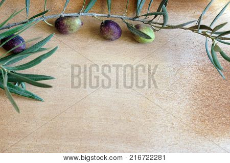 Olive branch on a wooden table copy space for your recipe.