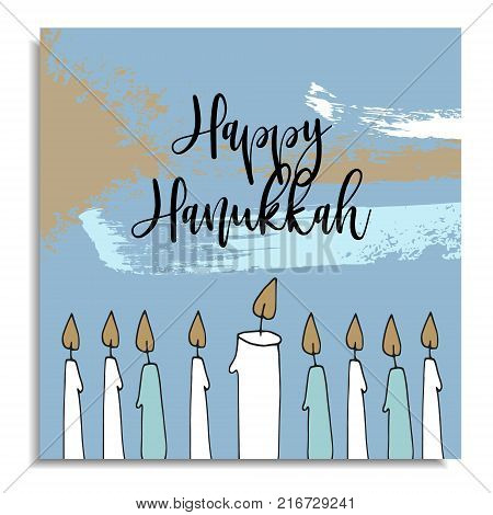 Hanukkah greeting card with hand drawn candles from menorah candleholder, vector illustration, artistic background with various brush strokes.
