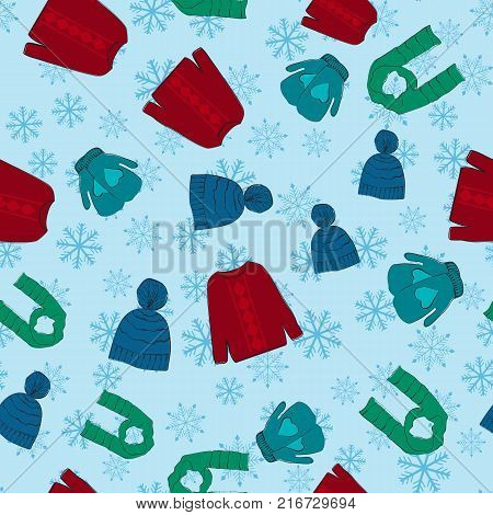 winter holidays pattern with mittens, sweaters, hats and scarves. Vector illustration, eps10