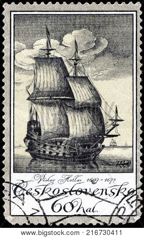 CZECHOSLOVAKIA - CIRCA 1976: A stamp printed in Czechoslovakia, shows old engravings of ships by Vaclav Hollar 1607-7167, circa 1976