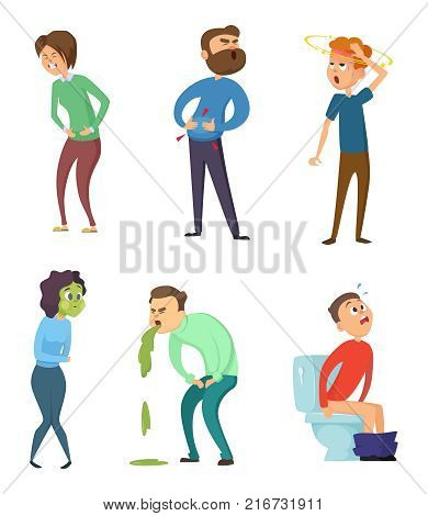 Stomachache poison and diarrhea. Healthcare illustrations. Vector characters set. Illness fever, disease and sickness symptom