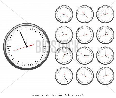 Wall office clock icon set. showing every hours. Illustrated vector.