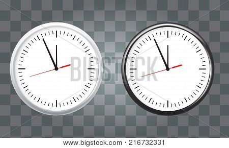 White and black wall office clock icon set. showing five minutes to twelve. For new year concept. Illustrated vector.