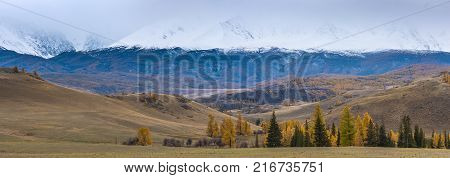 Panorama of the Kurai steppe in the autumn against the backdrop of towering snow peaks. Russia, Siberia, the Republic of Altai.
