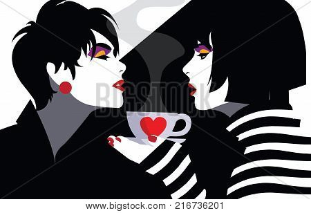 Two women witn cup of coffee or tea. Pop art illustration