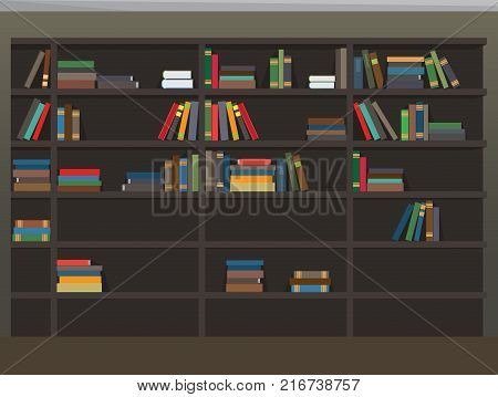Bookcase with books as background. Education-themed background cartoon library room. University or School library vector illustration. Colourful textbooks on shelves, Big knowledge storage.