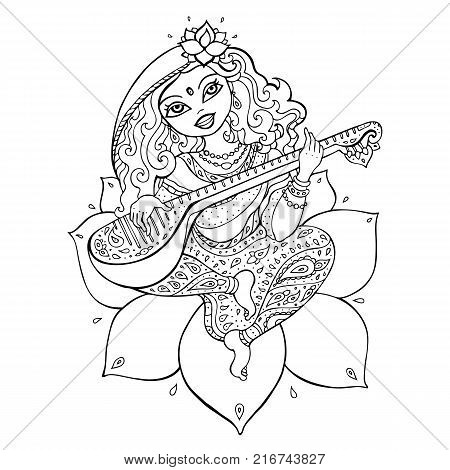 Hindu Goddess Saraswati. Vector hand drawn illustration.