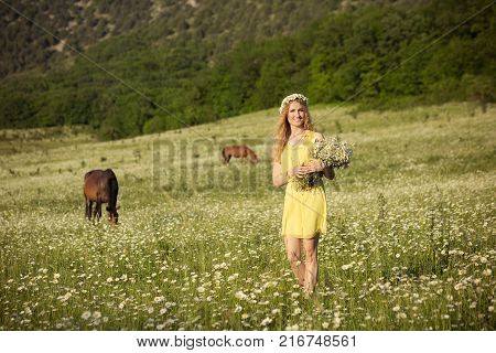 Beautiful Lady With Cute Daughter On Camomile Field Full Of Flowers