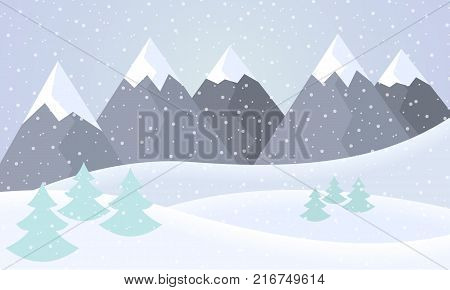 Vector flat design illustration of a snowy winter mountain landscape with hills coniferous trees and snowflakes on a winter day under a gray sky - suitable for Christmas greeting